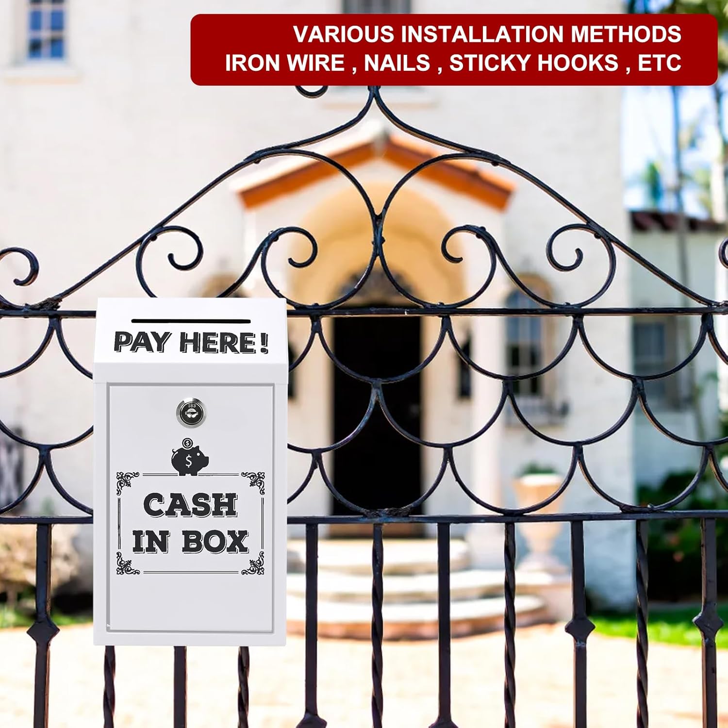 Metal Donation Box, 14.5 * 7.5 * 26CM Mounted Collection Box with Key Lock Suggestion Box Mailbox Cash Drop Box Secure Ticket Storage Container for Voting Tips Jar for Home Office Business (White)