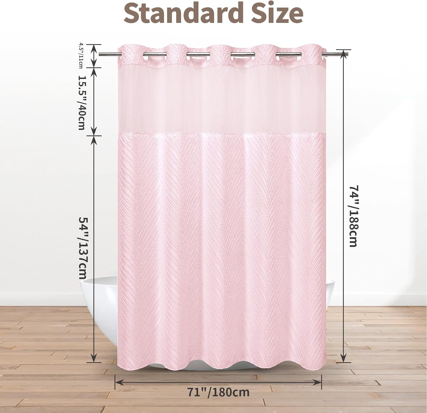 no Hook Shower Curtain and Liner Set，Boho Style with See Through Top Window, Pink Fabric Tufted Striped Textured Outer Curtain & Waterproof Inner Liner, Pink, 71Wx74H