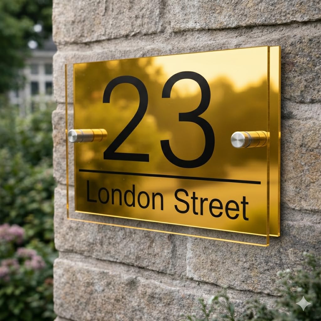 Personalised House Numbers Plaques by Blitz Craft | Glass Effect Acrylic and Gold Aluminium | Custom Address Text with Door Numbers for Outside, Weatherproof Design with Fixings (200x130mm) D003