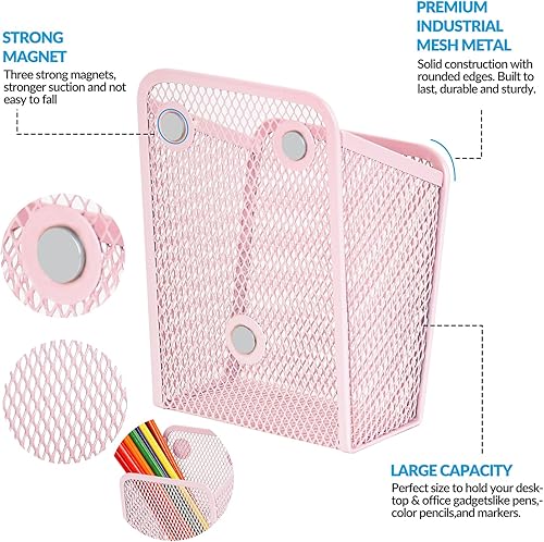 Miniatura 3 de LUCYCAZ Soporte magnético para bolígrafo, organizador de casillero magnético individual, soporte de malla rosa para rotulador, cesta para pizarra