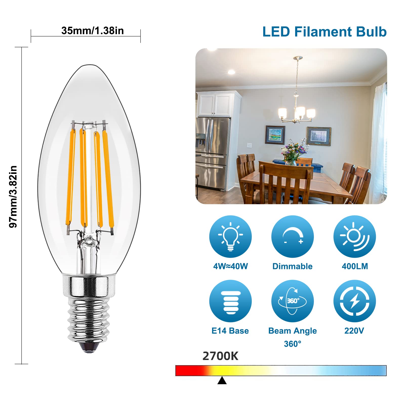 ProCrus E14 Vintage LED Light Bulb,Dimmable 4W LED Candle Light Bulbs,2700K Warm White,Small Edison Screw Candelabra SES LED Bulb,Replaces 35 Watt,for Chandelier,Transparent,Pack of 10 - Image 2