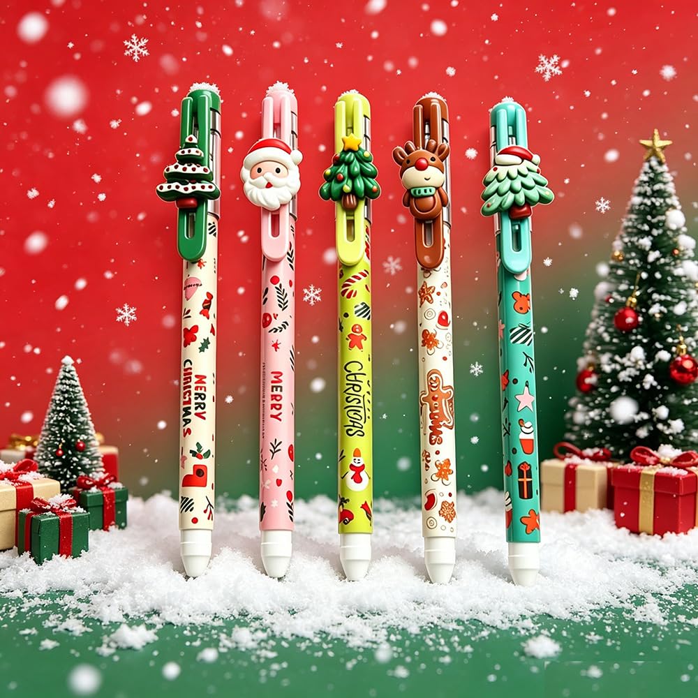 Set di 5 penne natalizie, penne gel cancellabili