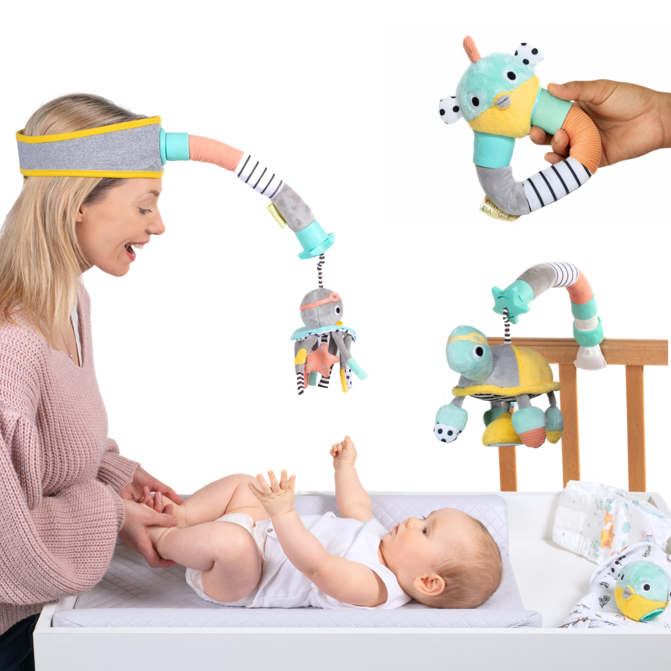 DINGLE DANGLE - Deluxe Gift Set - 3 in 1 Diaper Changing Helper Headband & Portable Mobile, Rattle, & Added Tilly Turtle Attachment; Newborn Essentials Must Haves - Great Baby Registry or Shower Gift