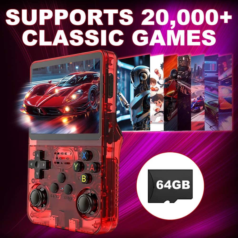 R36s - Console da gioco portatile retrò con display da 3,5 pollici, scheda TF da 64 GB e 15.000 giochi classici, console portatile R36s (rosso)