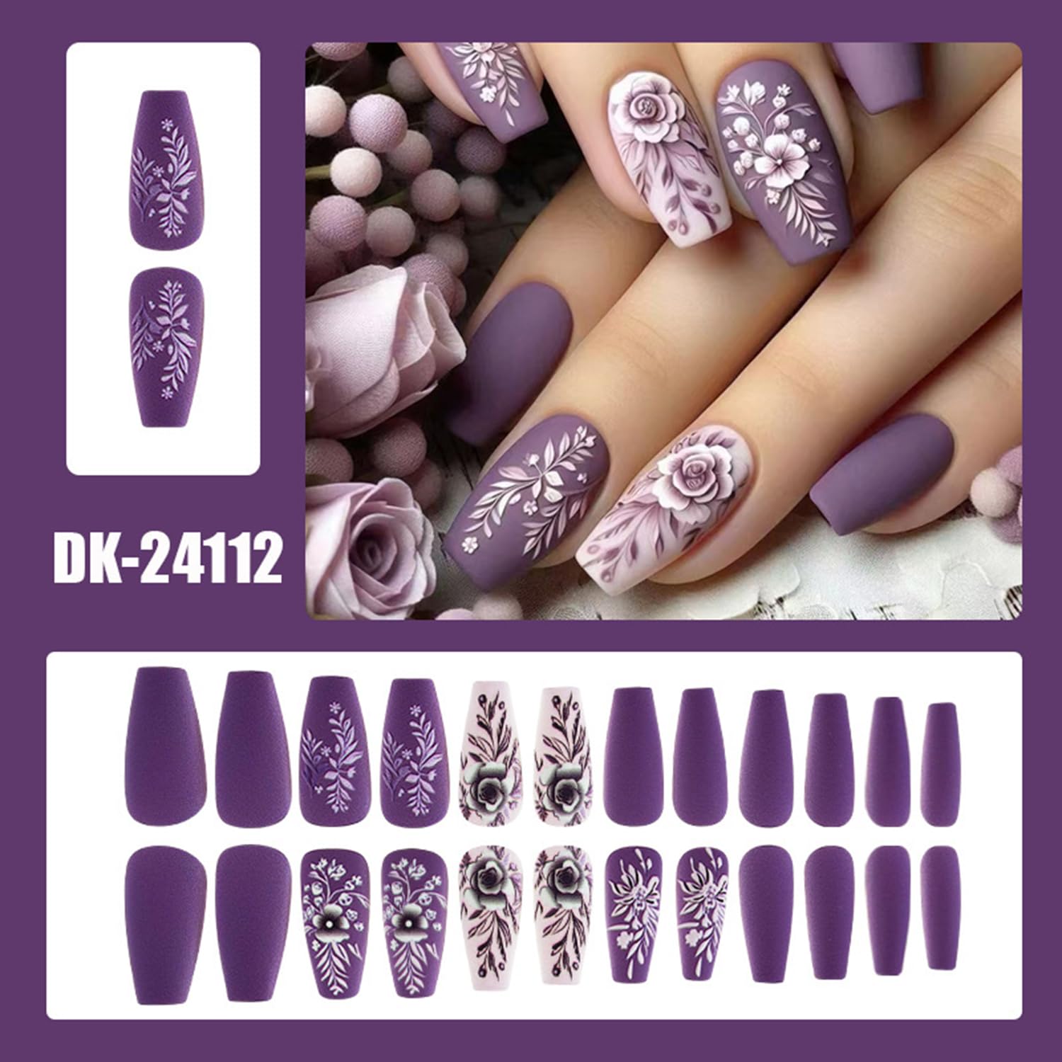 Fall Coffin Fake Nails Medium Press on Nails Purple Acrylic Nails Embossed Flowers Nails Press ons with Designs Winter Press on Nails Matte Stick on Nails for Women Manicure Decorations 24 pcs