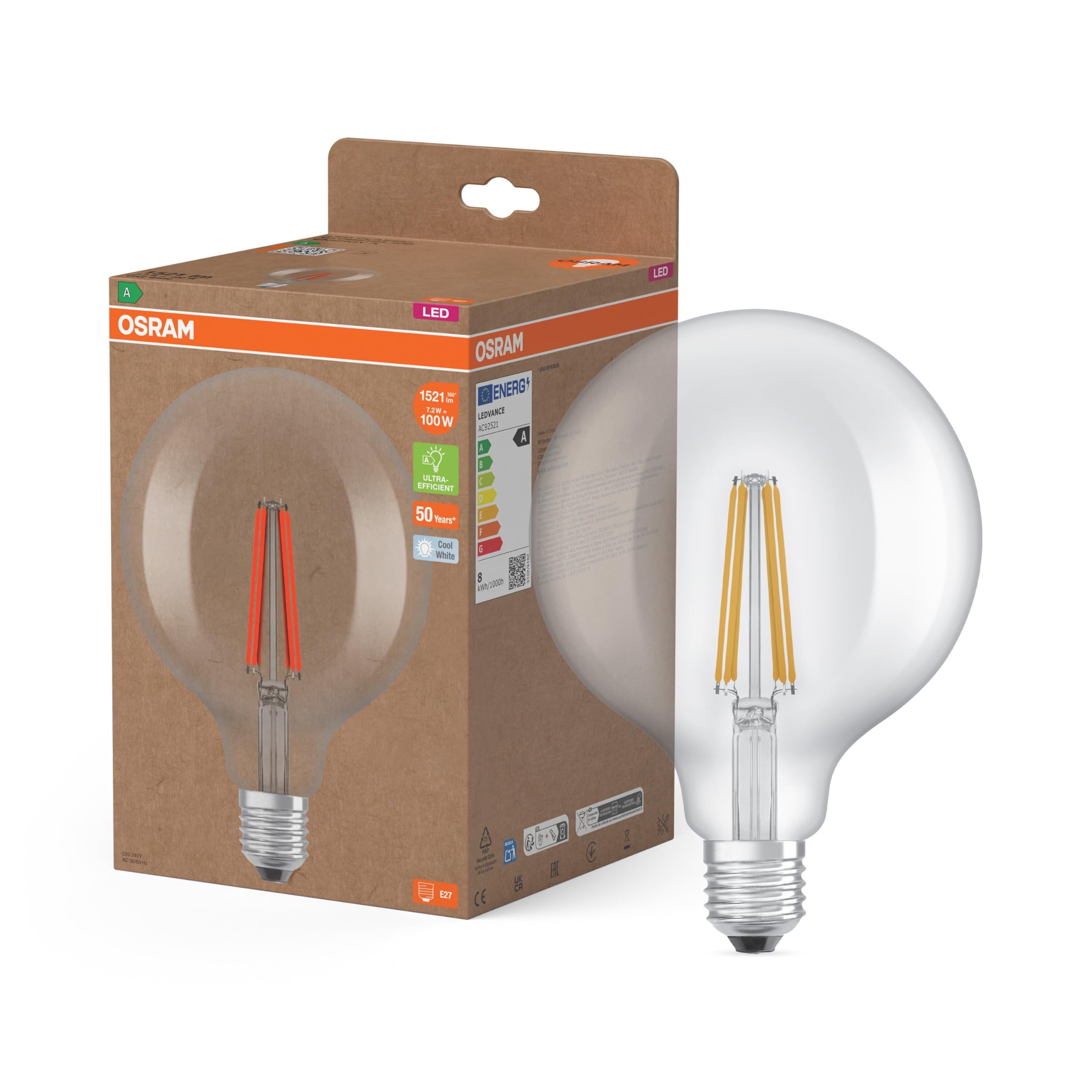 OSRAM Classic Globe LED Light Bulb with Decorative LED Filament Energy Class A E27 2.2W 470lm 2700K Warm White No Warming Up Instant 100% Light Low Flicker