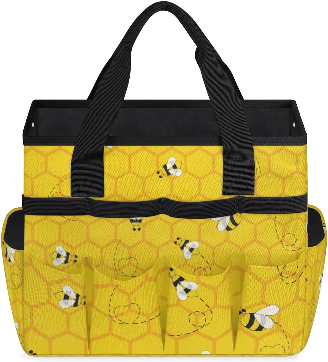Yellow Bee Beehive Garden Tool Bag with 10 Pockets Easy Access Garden Tote Storage Bag Wear-Resistant & Reusable with 2 Handles Gardening Gifts 13" X 2.8" X 6.8"
