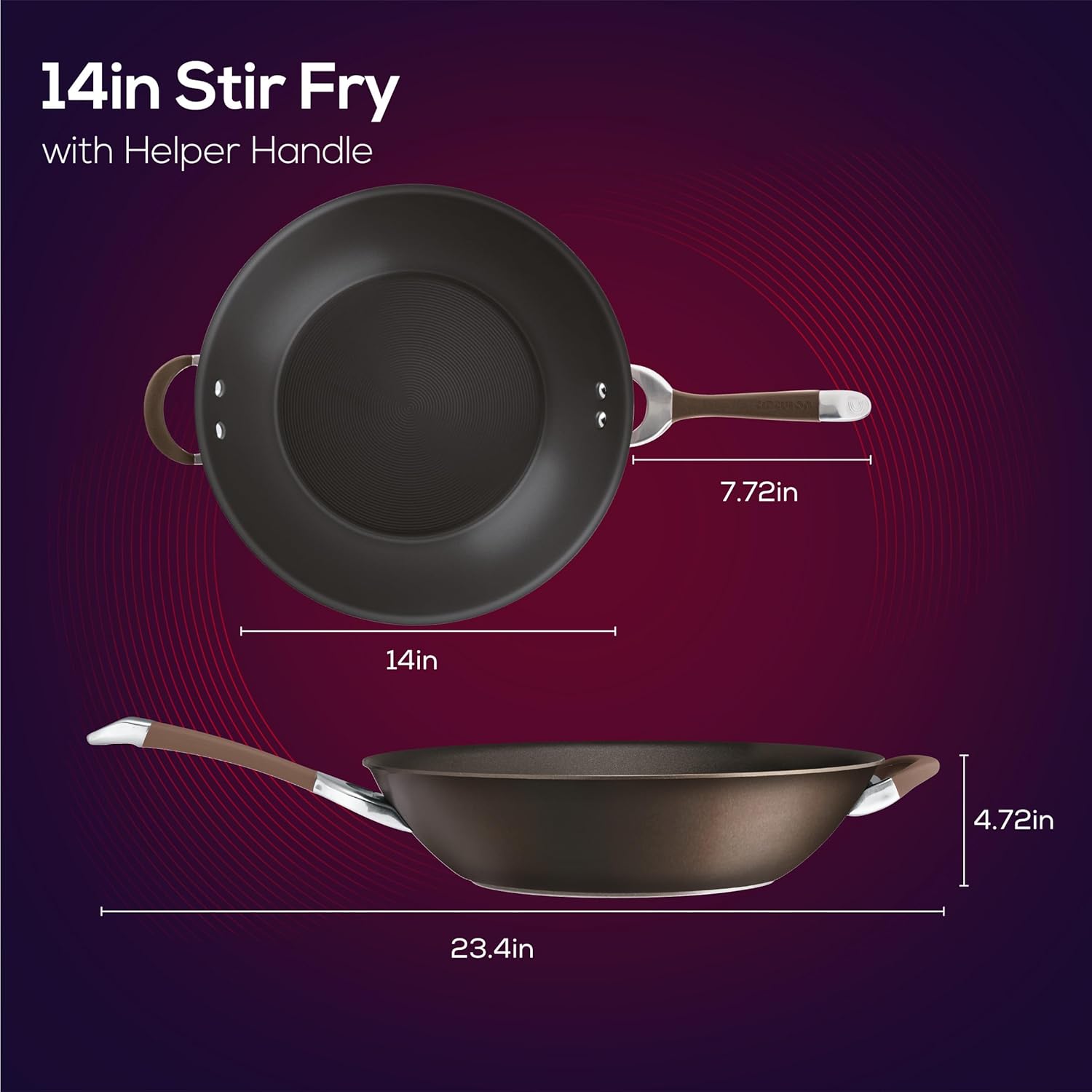 Circulon Symmetry Hard Anodized Nonstick Stir Fry / Wok Pan with Helper Handle - 14 Inch, Chocolate