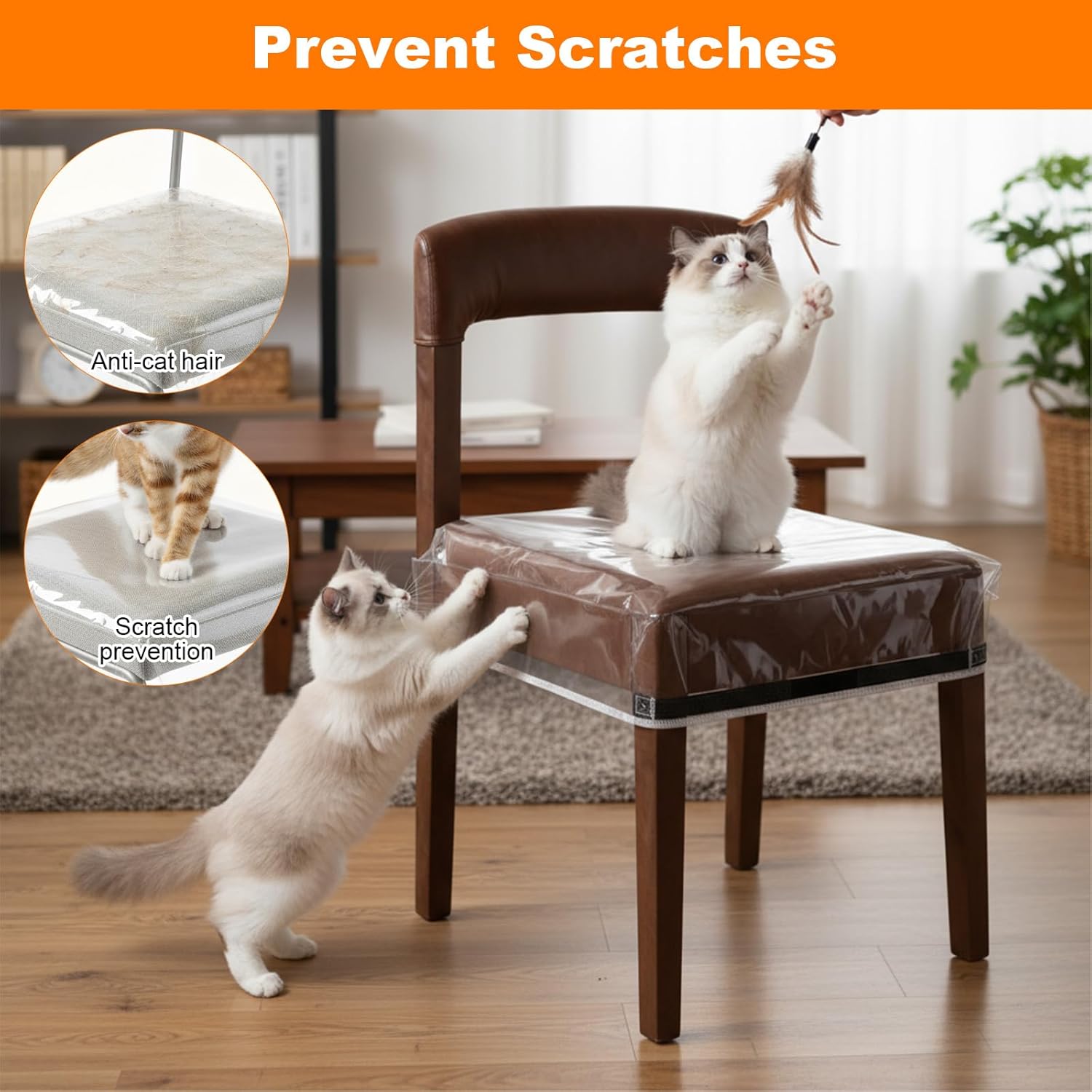 4 Pack Clear Plastic Dining Chair Covers, Adjustable Belt Strap Fits 19" to 22" Seats, Waterproof Scratch Resistant Heavy Duty PVC Seat Protectors for Pets and Everyday Use