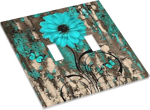 Miniatura 3 de Turquesa Aqua Teal Flower Floral Girasol Daisy Dahlia 2 Gang interruptor de interruptor de luz Cubierta de pared Placa de pared Mariposa Mujer Niña