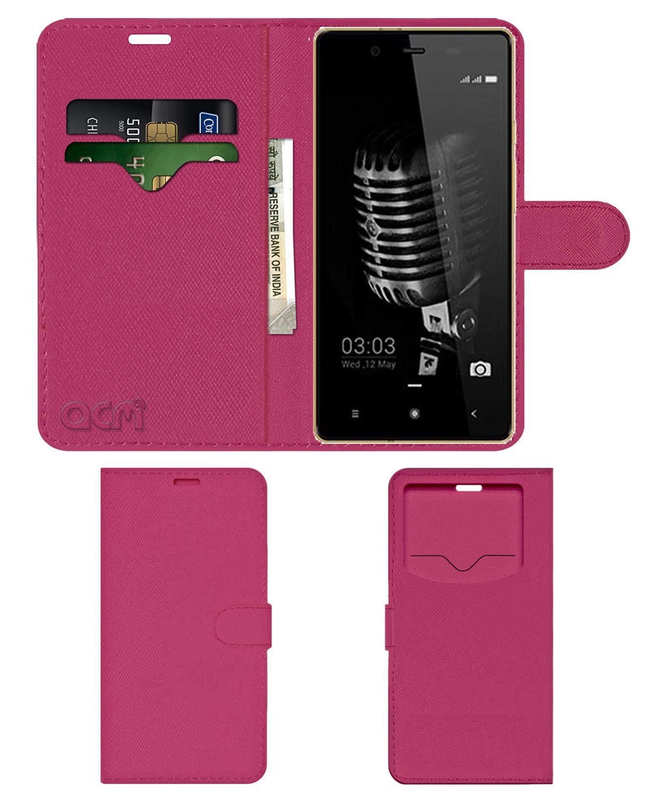 ACM Leather Window Flip Wallet Front & Back Case Compatible with Videocon Z55 Delite Mobile Cover Pink
