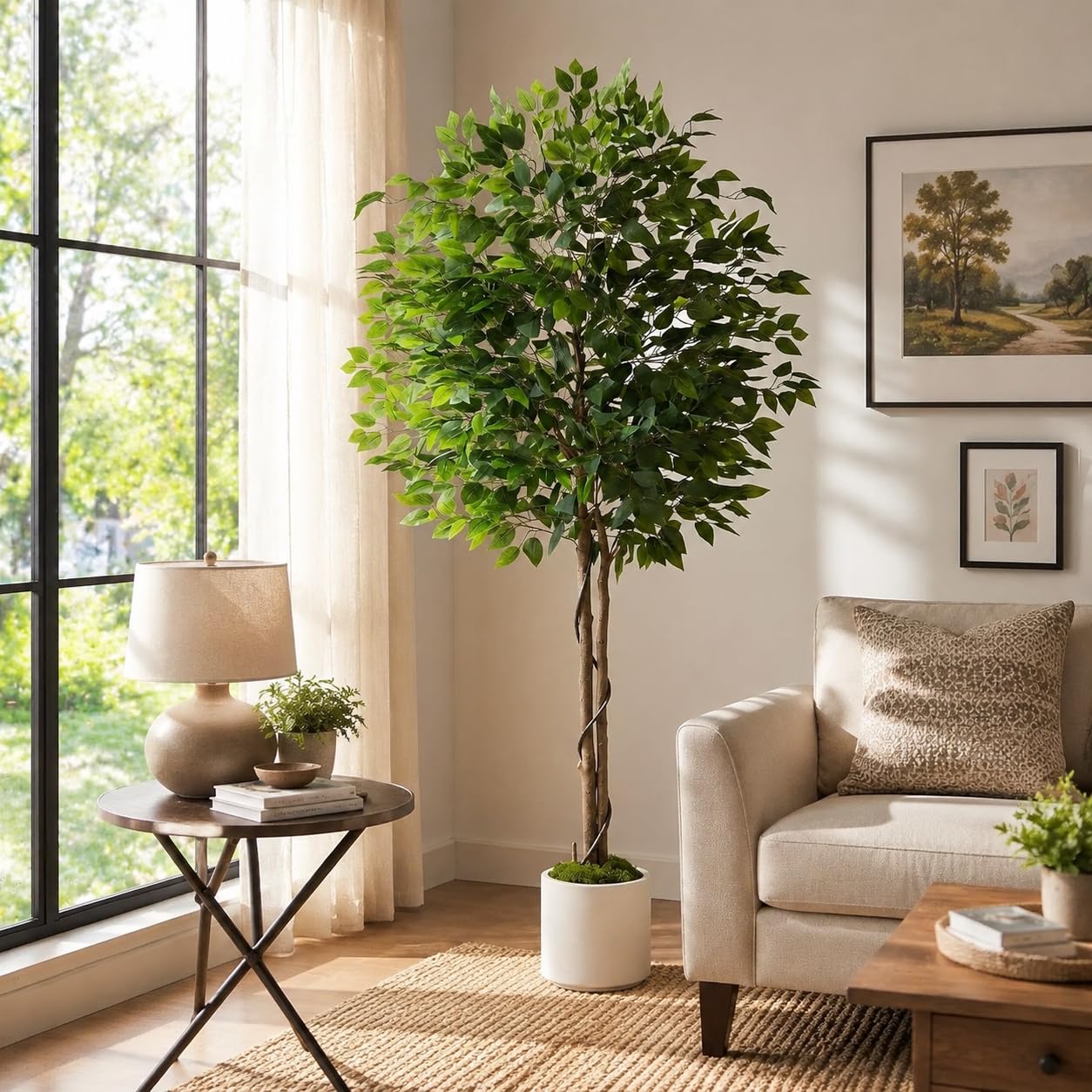 Clevich 180cm Ficus Kunstpflanze Wie Echt,Künstliche Ficus, Weißen Topf,Gebogenem Baumstamm+Üppig Grünen Blättern,Pflegeleichte Zimmerpflanze,Plüschmoos,Künstliche Pflanzen,Einzugsgeschenk,2PCS Moduls
