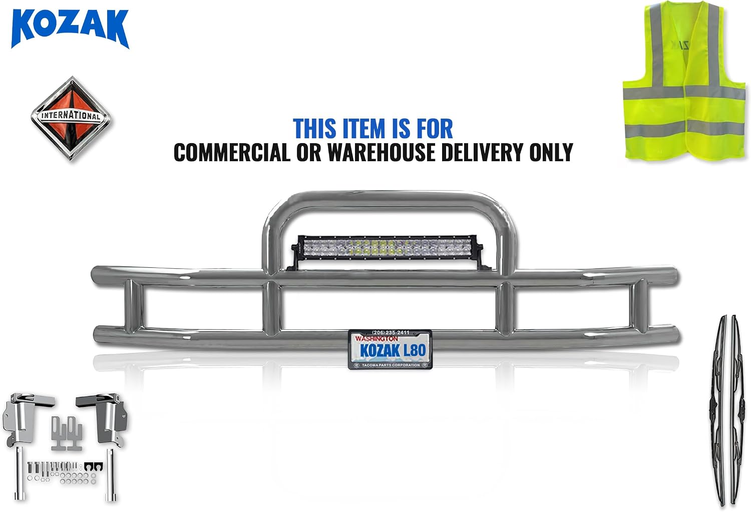 KOZAK Front Grille Deer Moose Brush Guard with 22" LED Light bar with Mounting Brackets Compatible with International LT625 PLUS Logo, License Plate Holder and Frame, 2x Wipers and Vest