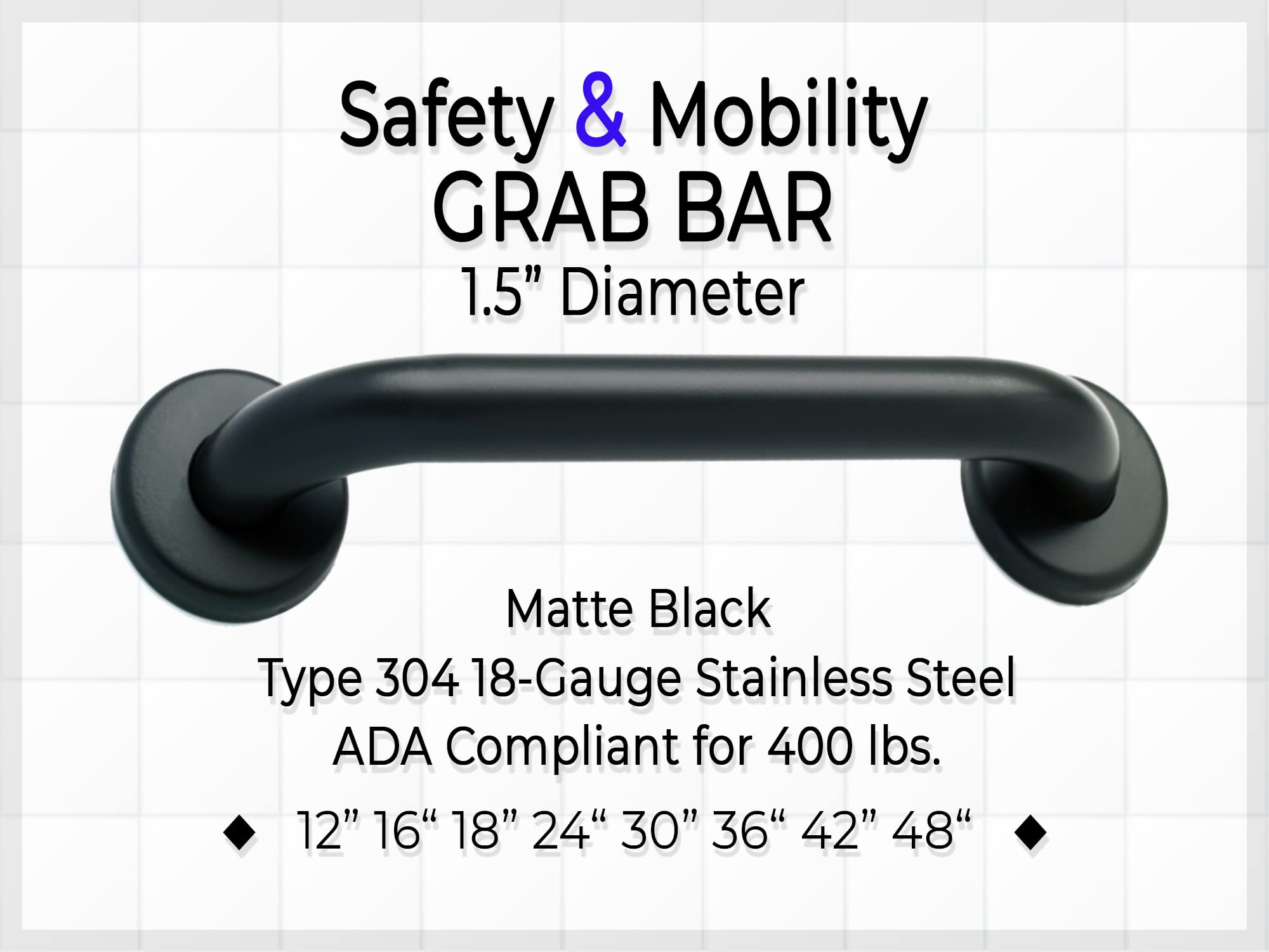 Grab Bar Specialists Safety Grab Bar - 1.5' Dia. ADA Handrail for Shower Bathroom Home / Elderly Handicap Aid / 304 Stainless Steel / Smooth Grip / Matte Black / 18', 18 in. Smooth Grip, (0152-MB-SM)