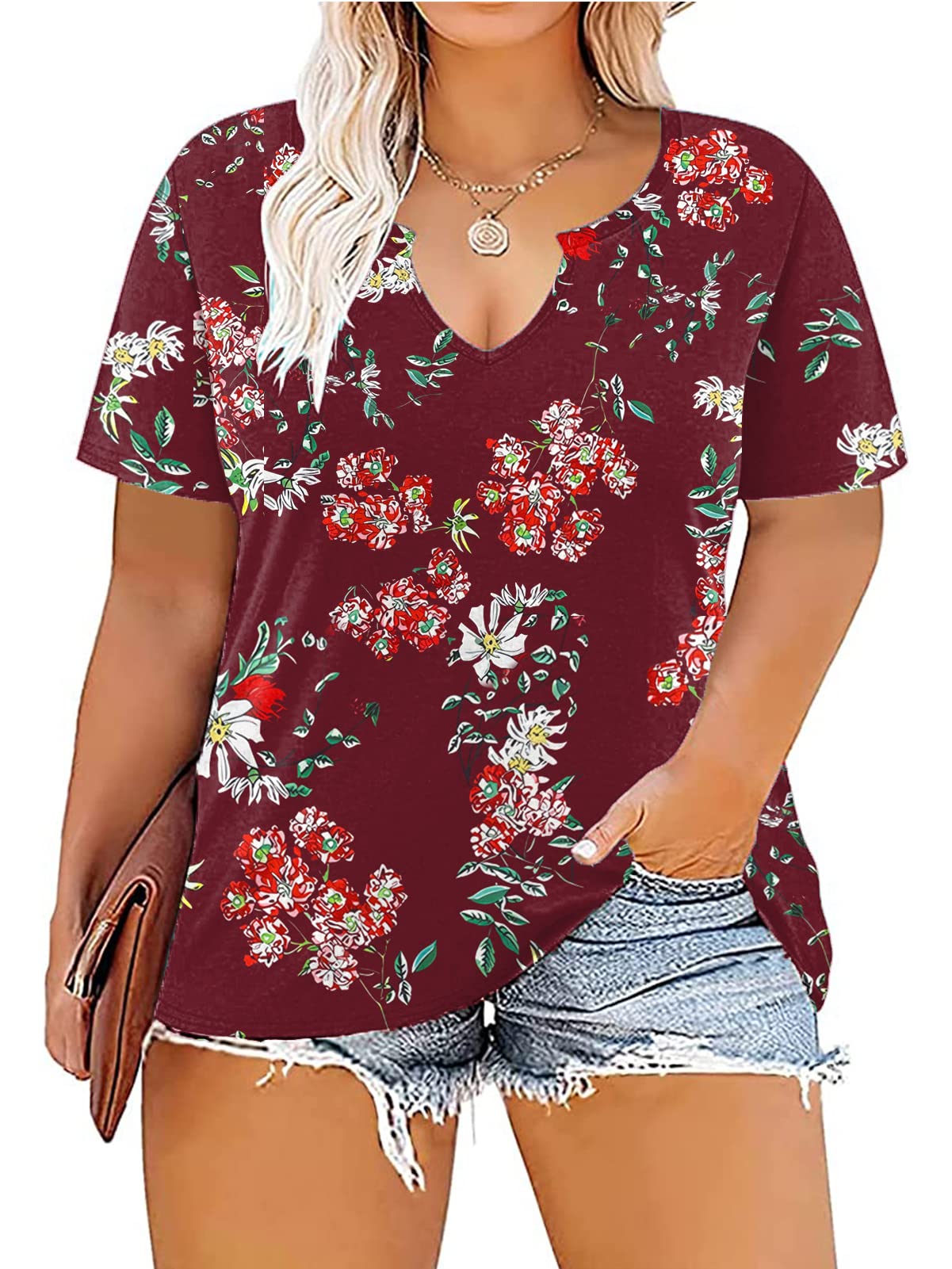 VISLILY Womens-Plus-Size-Tops Notch V Neck Summer T Shirts Short Sleeve Blouses Sexy Tunics XL-5XL
