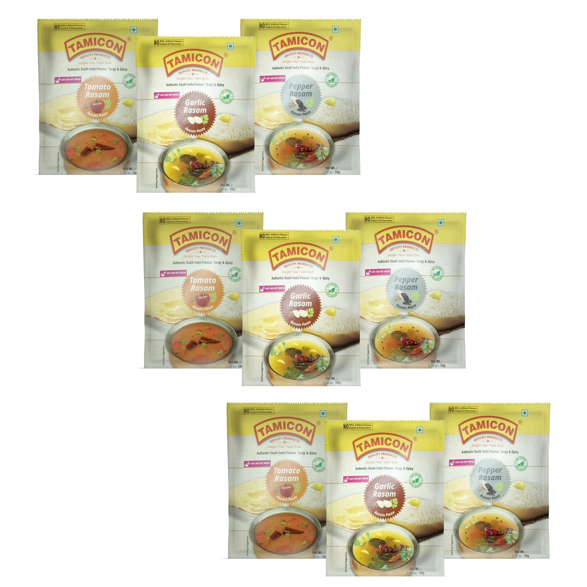 Tamicon Rasam Instant Food With Flavor, Easy to Cook, Just Add Water | No Preservatives, No Artificial Colours-50g (Garlic Rasam, Pepper Rasam, Tomato Rasam) (Pack Of 9) (B0DCK1CKWZ) Amazon Price History, Amazon Price Tracker