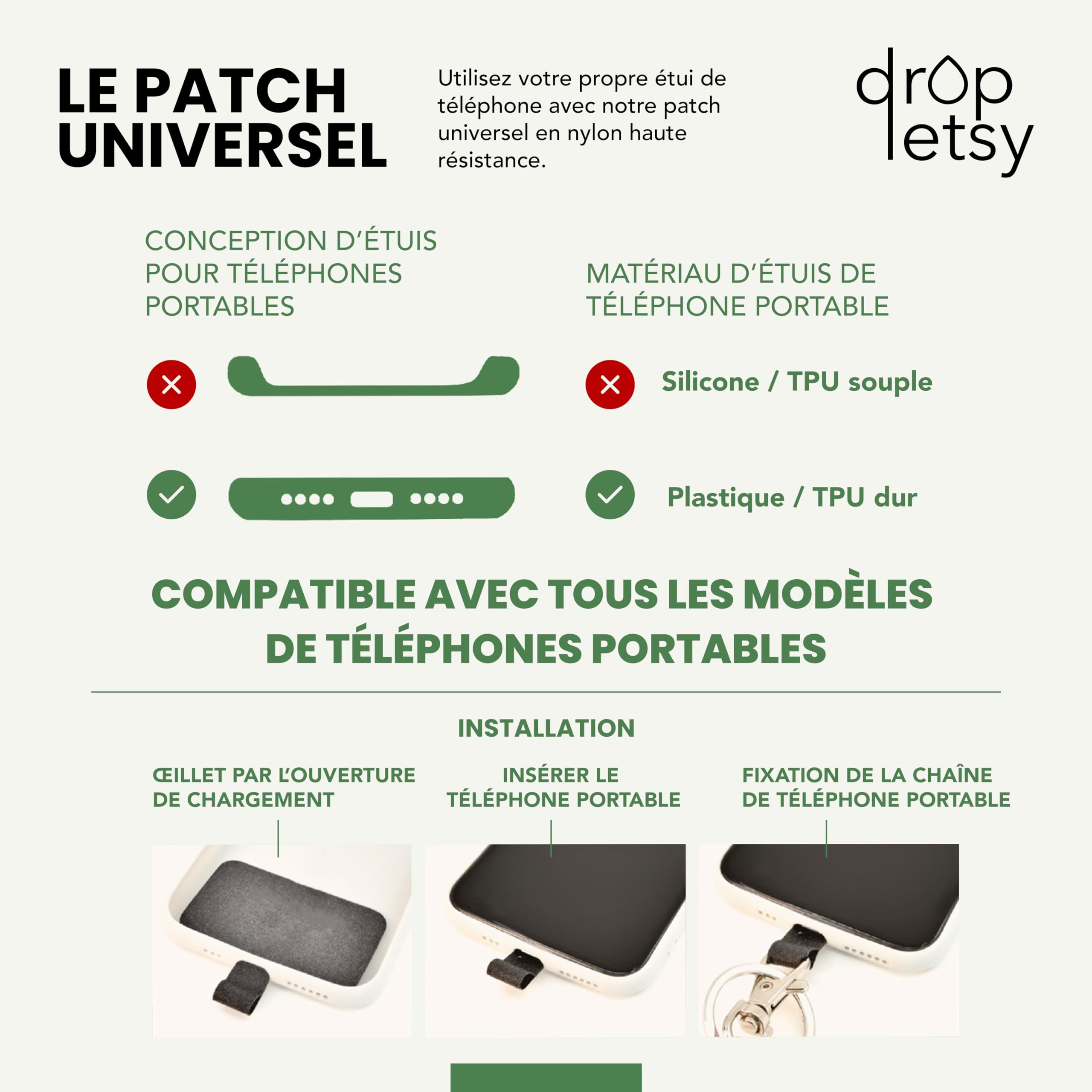 Chaîne universelle en perles de bois pour téléphones portables, chaîne - compatible avec tous les smartphones: iPhone 15, 14, 13, 12, 11, X, Samsung Galaxy (sans étui)
