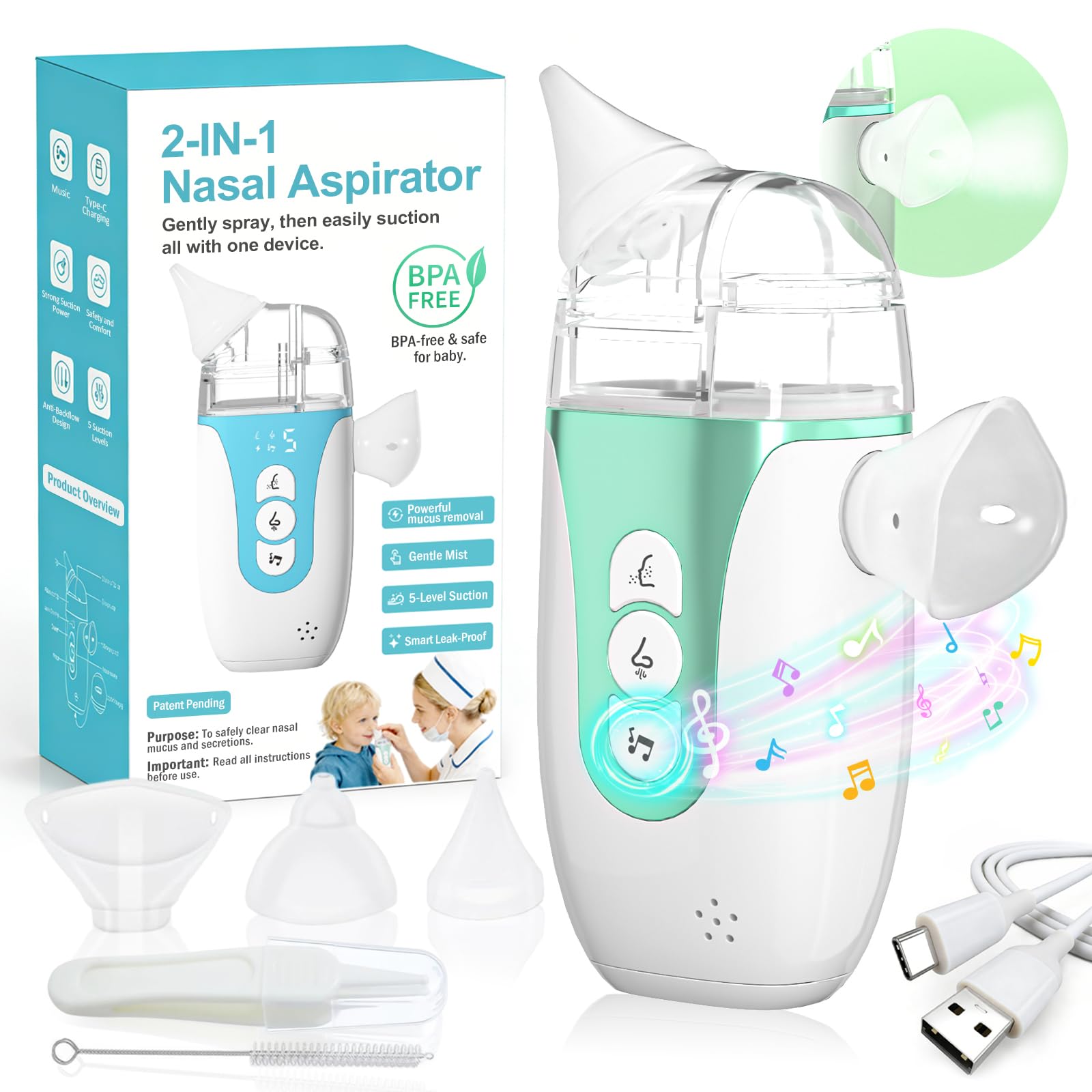 Smart Baby - Aspirador nasal eléctrico 2 en 1 para niños pequeños con aerosol, succión de 5 niveles, música relajante, 2 puntas de silicona, carga USB-C, estuche de almacenamiento, aspirador nasal