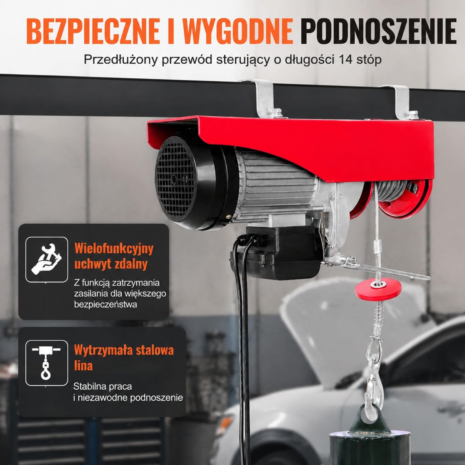 Elektryczny wciągnik linowy 1000 kg, silnik 1600 W, podnoszenie 12 m, prędkość 10 m/min, stalowa lina, hak stopowy do garażu magazynu fabryki