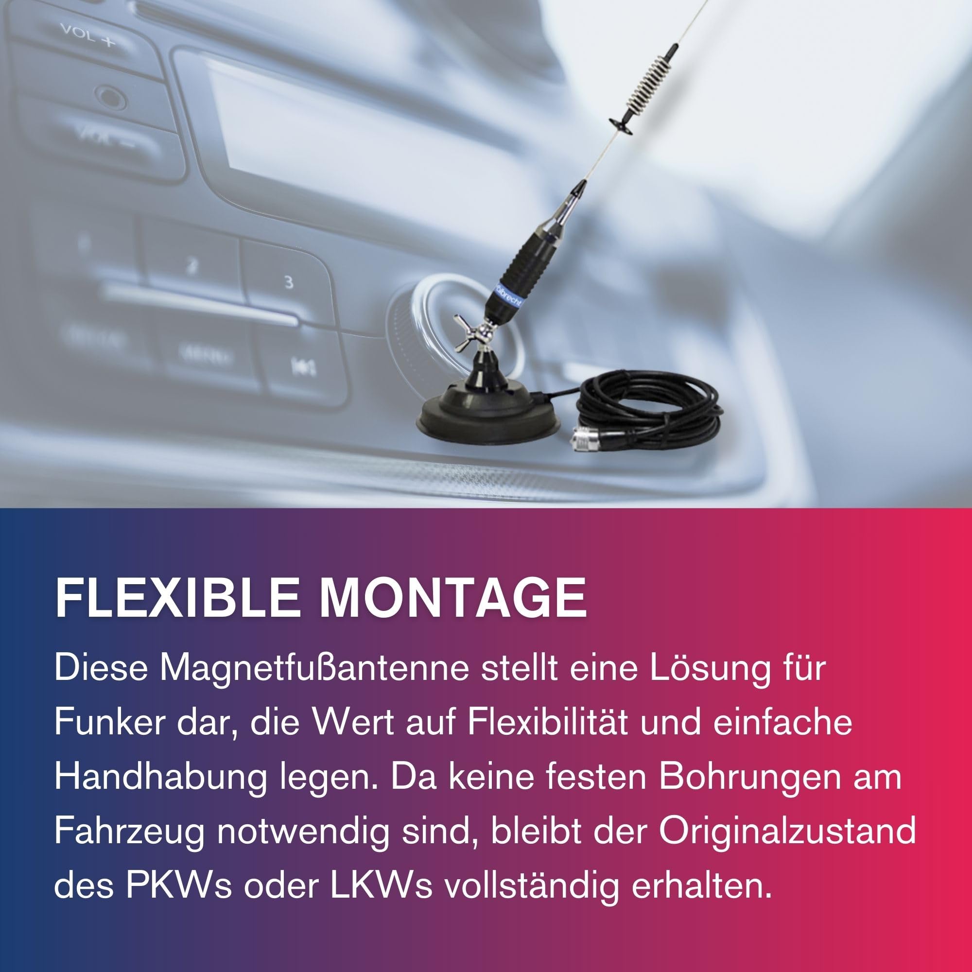 Albrecht S75 CB-Funk Antenne, Mobil-Antenne mit Magnetfuß 127 mm, 76 cm Gesamt-Länge, Komplett-Set inkl. 4 m Kabel & PL-Stecker, neigbar, aus Edelstahl