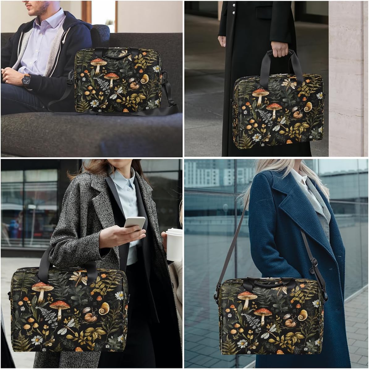 Forest Mushroom Leaves Laptop Bag Carrying Case 15.6 Inch Laptop Briefcase Messenger Shoulder Bag for Tablet Computer Bag for Travle Business Men Women