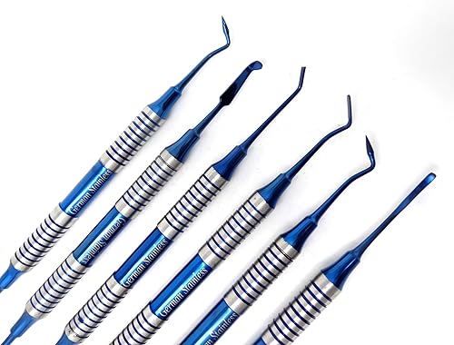 Miniatura 6 de Juego de 6 espátulas de relleno de resina compuesta azul dental profesional chapado en titanio, herramientas de restauración