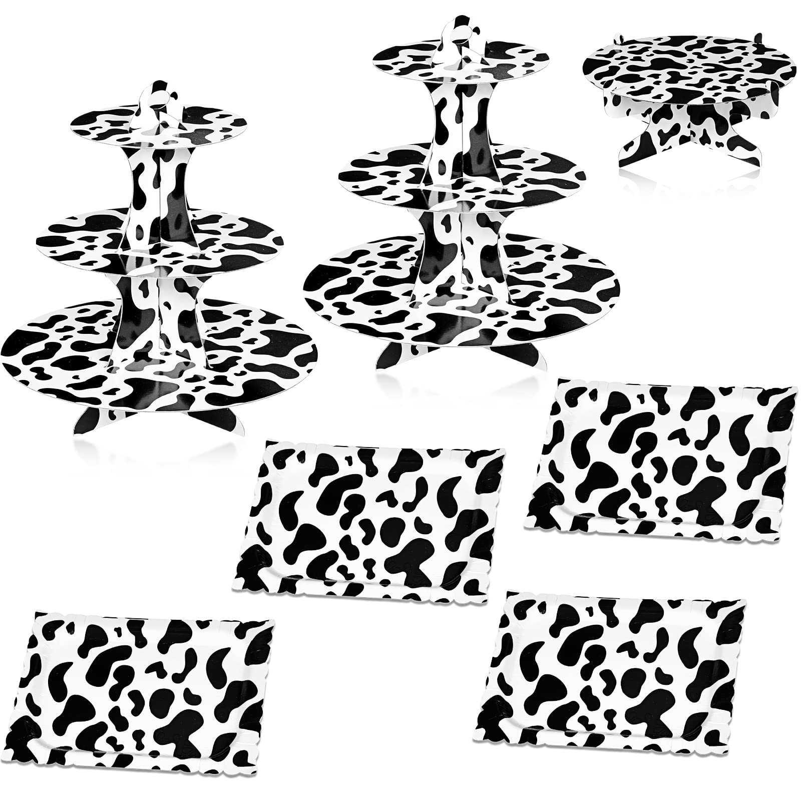 7 Pieces Cow Print Cupcake Stand Set Party Supplies 3-Tier Cardboard Round Dessert Cake Stand Cow Cupcake Holders Rectangle Serving Tray Party