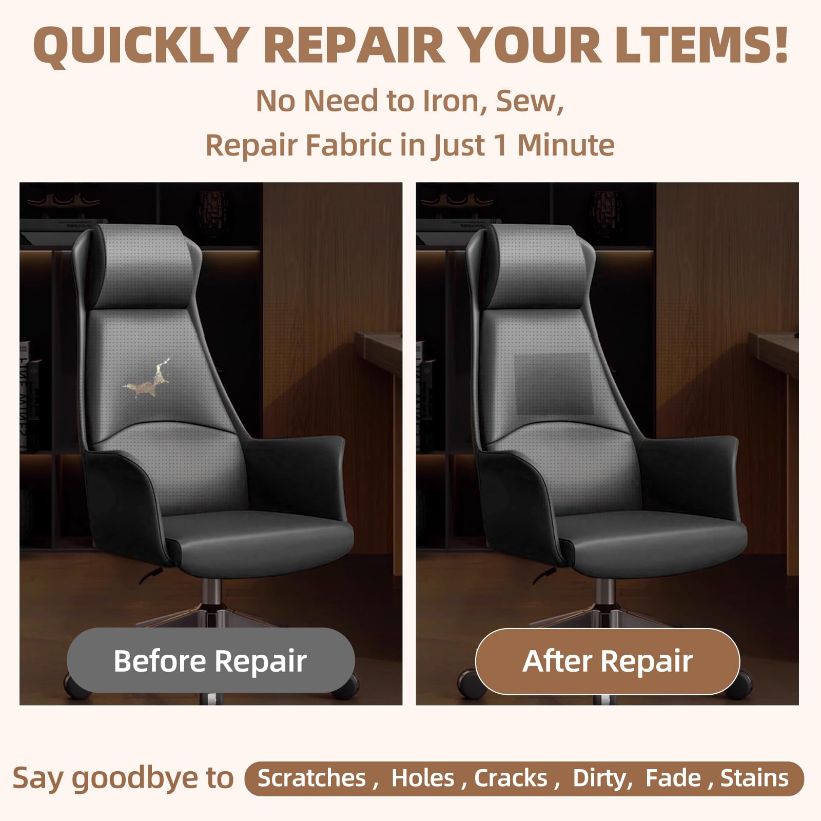 Kit de réparation pour cuir, grand patch de réparation en vinyle pour canapés et meubles