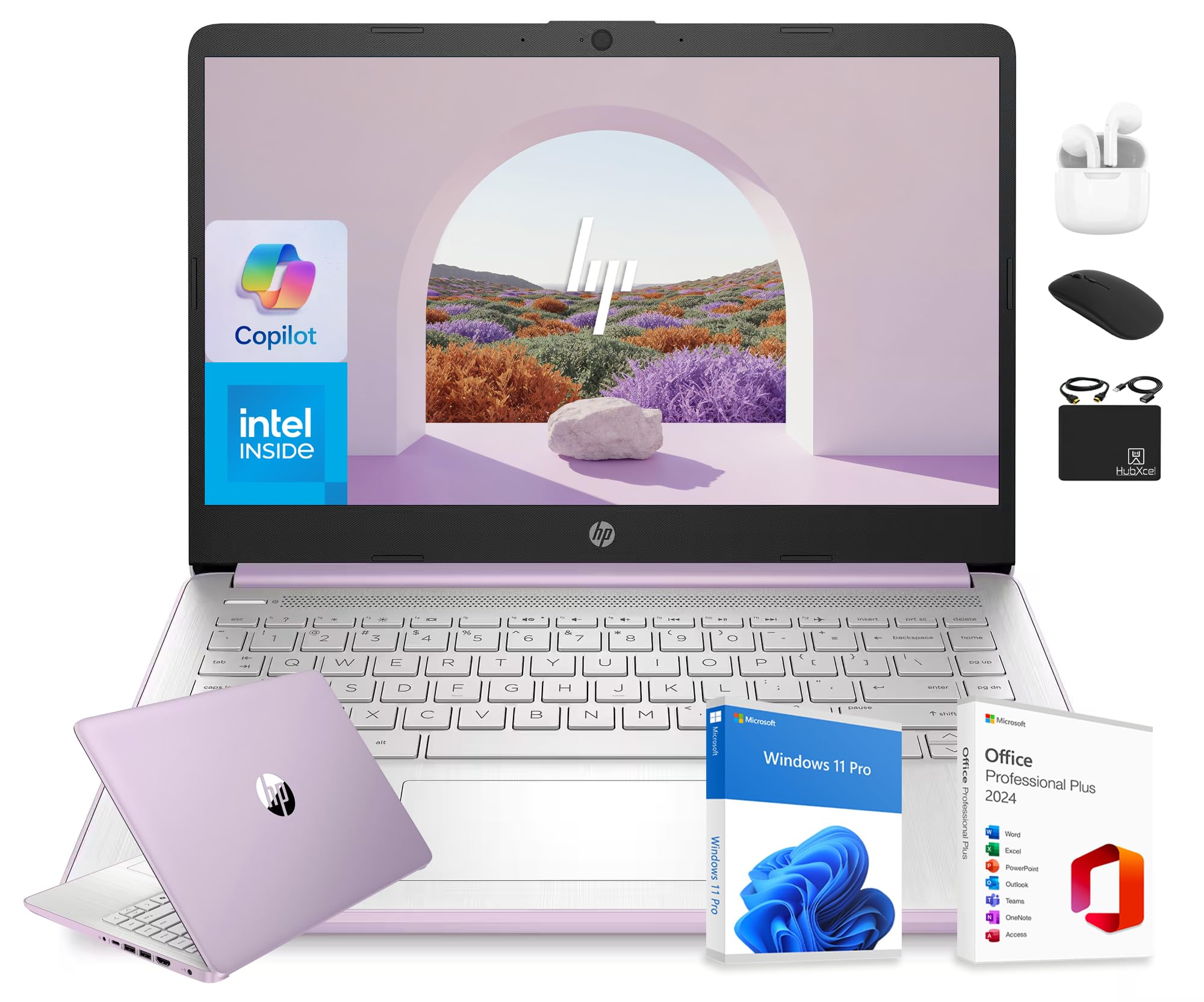 14” Flagship Laptop 2025 AI-Powered Computer, Office Lifetime, Student Business, 4-Core Intel CPU, 16GB RAM 628GB Storage (128GB UFS+ 500GB Ext), Long Battery HubxcelAccessory Win 11 Pro Lavender