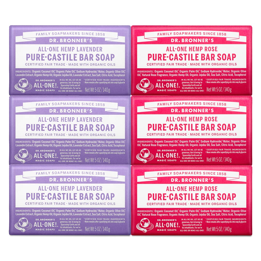 Dr. Bronner's - Pure-Castile Bar Soap, Rose 5 Ounce (3) and Lavender 5 Ounce (3) - Made with Organic Oils, For Face, Body and Hair, Gentle and Moisturizing, Biodegradable, Vegan, Cruelty-free, Non-GMO