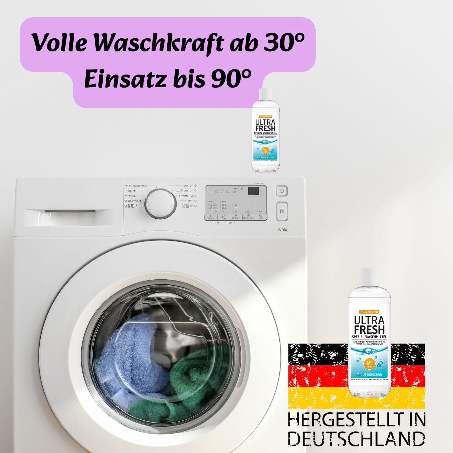 Ultrana Ultra Fresh Desinfektionswaschmittel 500 ml + Olanmarp Wäschenetz | Hygiene Waschmittel Konzentrat fuer Inkontinenzwaesche und Pflegetextilien – Made in Germany, biologisch abbaubar
