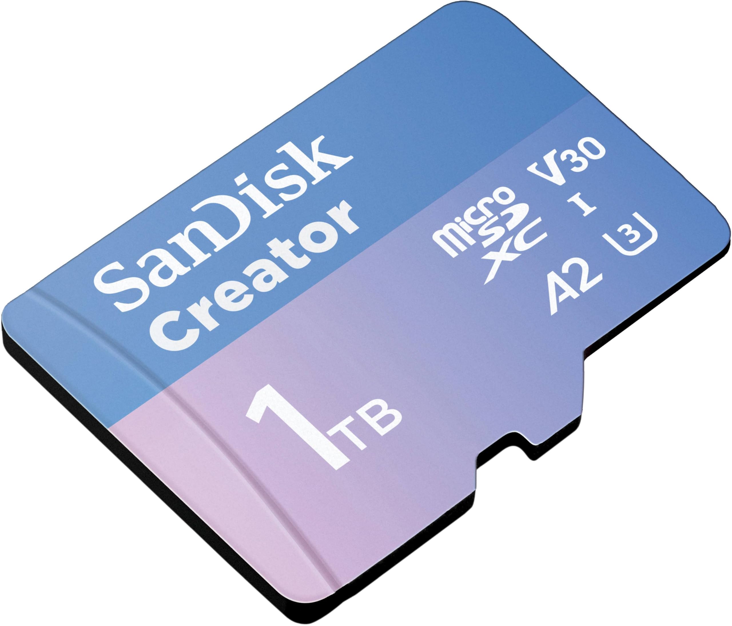 SanDisk Creator microSDXC UHS-I Speicherkarte 1 TB + Adapter (Für Smartphones, Kameras und Drohnen, 5.3K & 4K, A2, C10, V30, U3, bis zu 190 MB/s Übertragung, inkl. 3 Monate Adobe Lightroom)