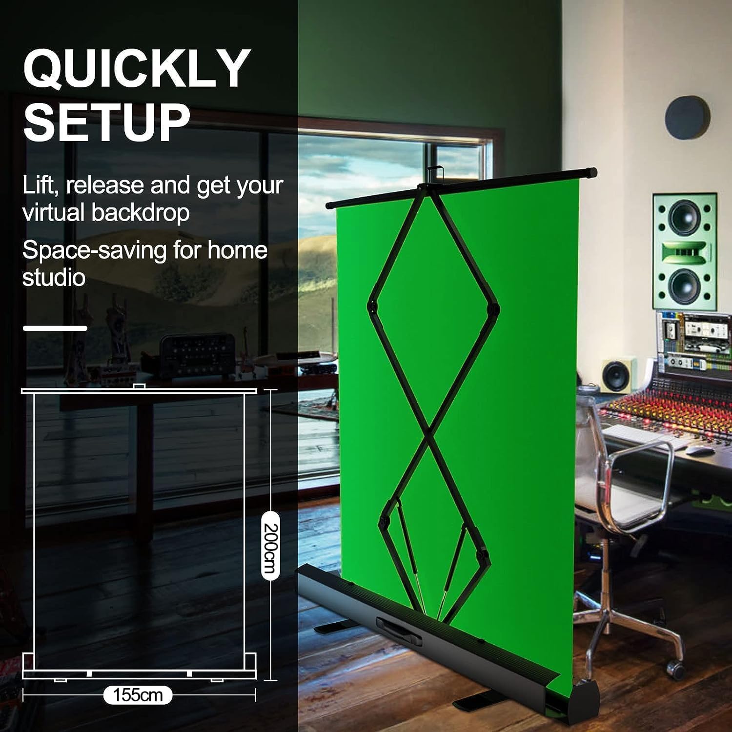 EMART Green Screen 155x200cm, Greenscreen Roll-up Panel Fotohintergrund, Grüner Foto Hintergrund mit Ständer für Fotostudio, Streaming, Videokonferenzen, TikTok, Zoom
