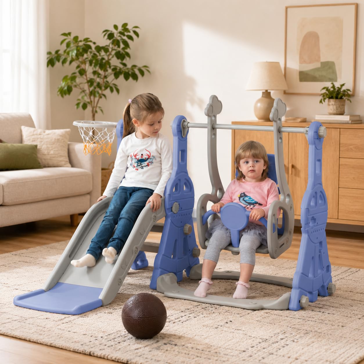 4-in-1 Rutsche für Babys und Kinder, Außenbereich, mit Schaukel, Treppe, Basketballkorb, freistehend (blau)