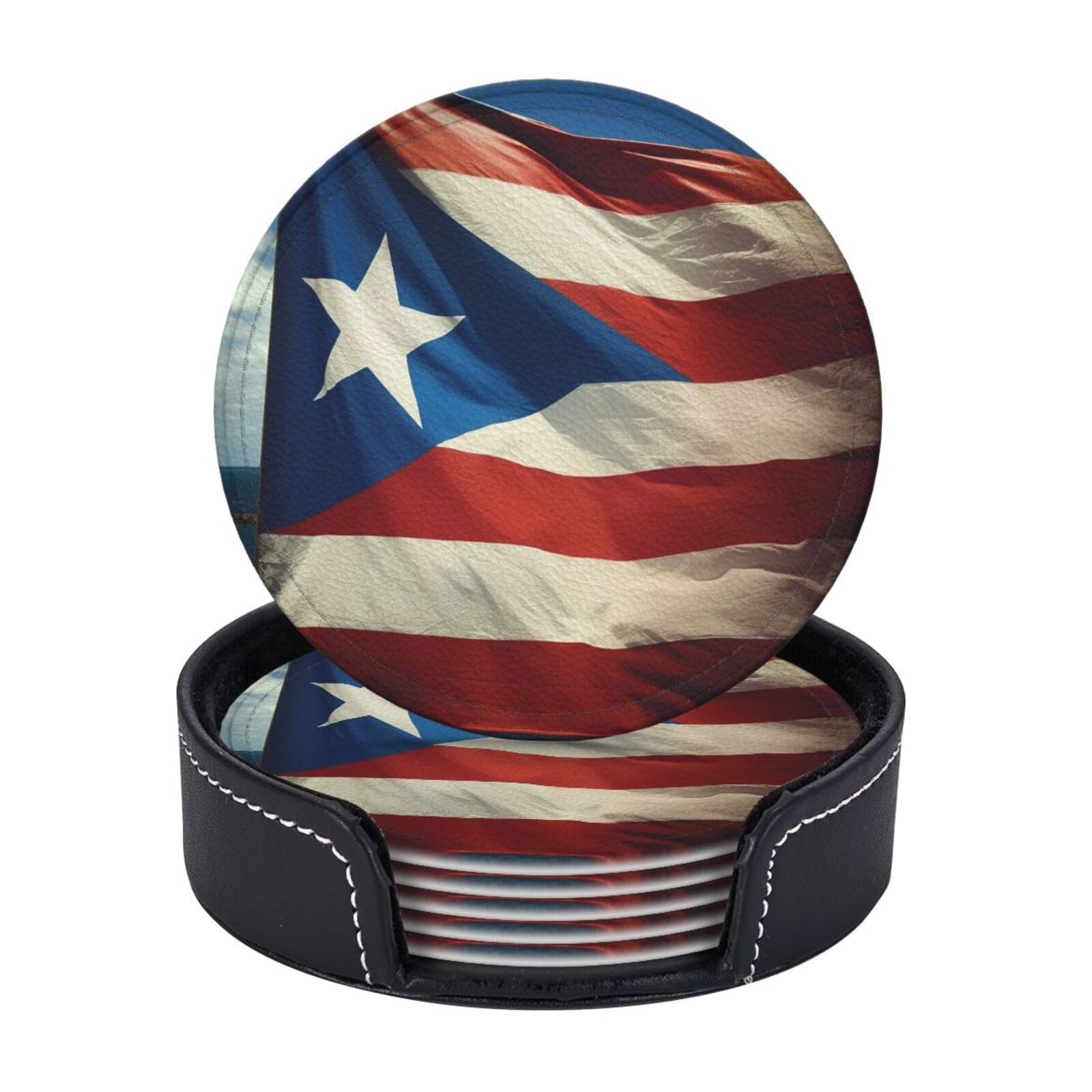 6 Pcs Round Leather Coasters for Drinks Absorbent Non-Slip Drink Coasters with Holder puerto rico wallpaper flag Coasters Waterproof Heat Resistant Cup Mats for Home Kitchen Bar Office Decor