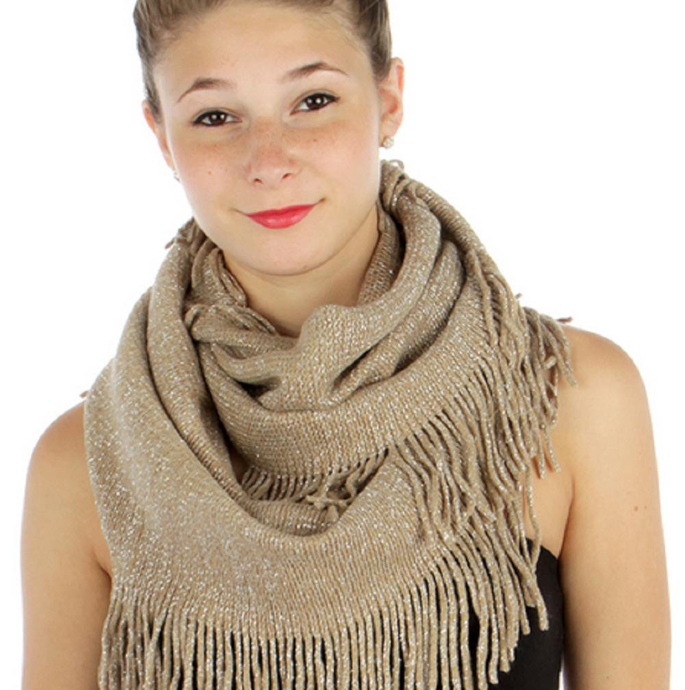 Festive Super Soft Metallic Knit Infinity Scarf with Fringe