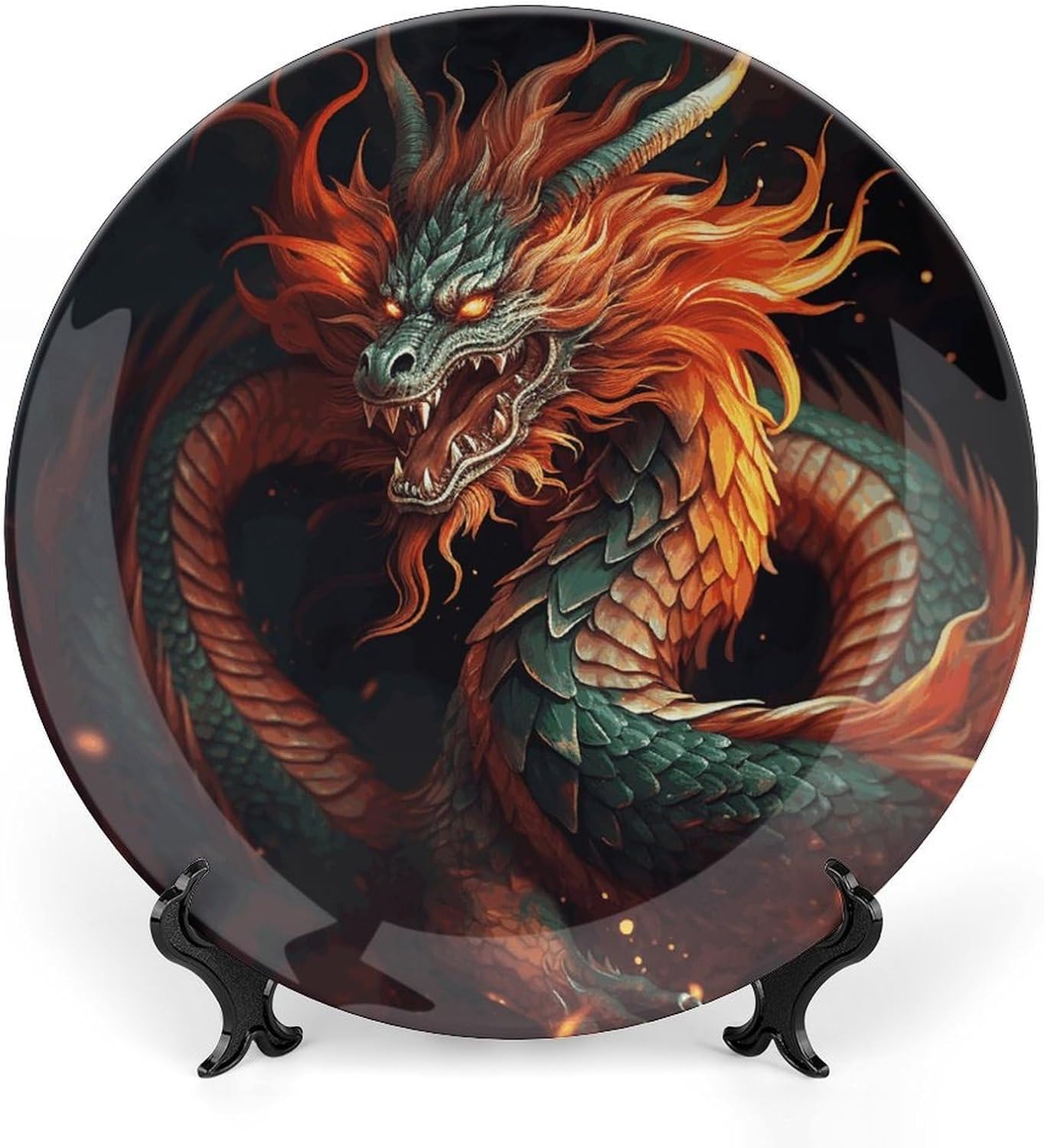 Chinese Dragon Bone China Decorative Plate with Display Stand, Ceramic Ornaments Plate for Wall Hanging, Personalized Porcelain Plates for Office, Living Room 10inch