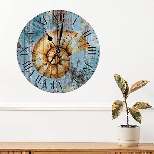 Miniatura 83 de ArogGeld Reloj de pared de PVC de mediados de siglo, concha, números de playa, estilo océano con números romanos de 10 pulgadas, funciona
