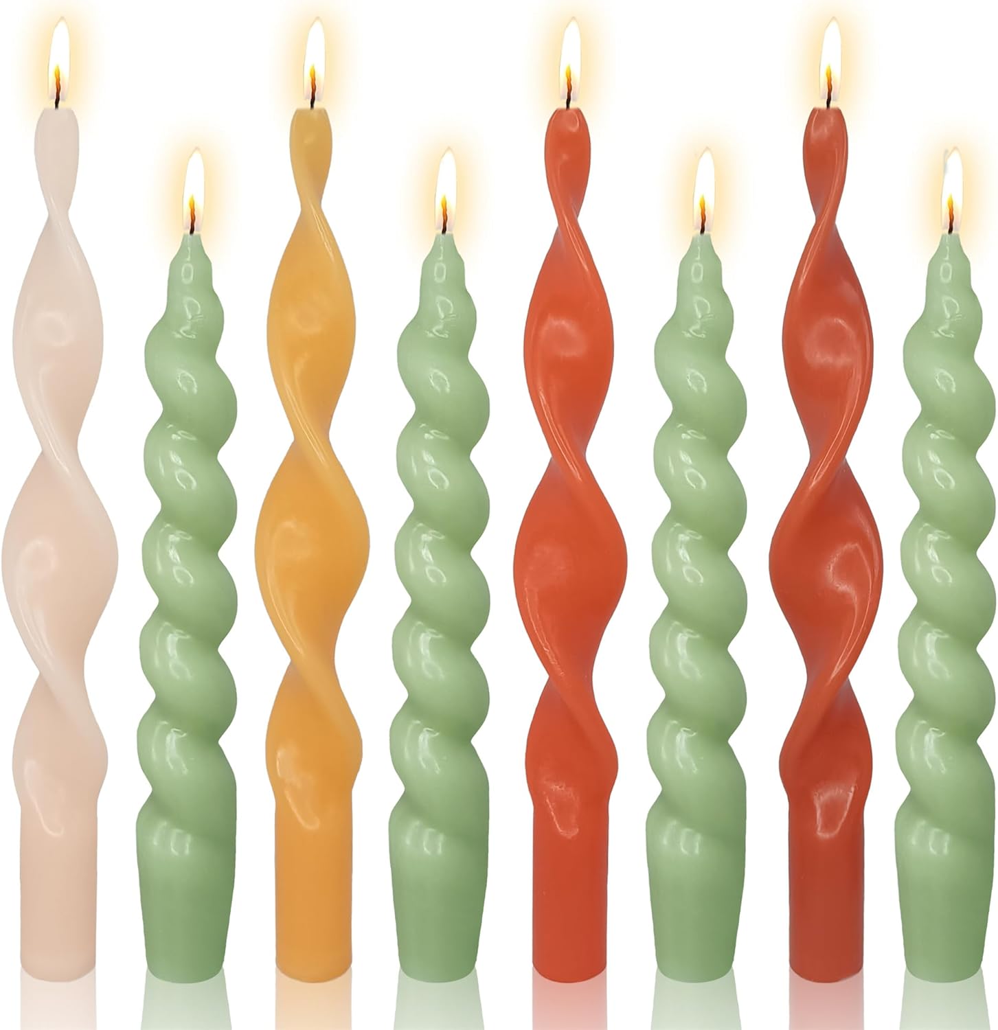 GEDNEGNI 8PCS Green and Colored Spiral Taper Candle Dinner Candlesticks Green Candle Stick Unscented Tapered Candles Elegant Design for Home Décor Weddings Festive Seasons Holiday