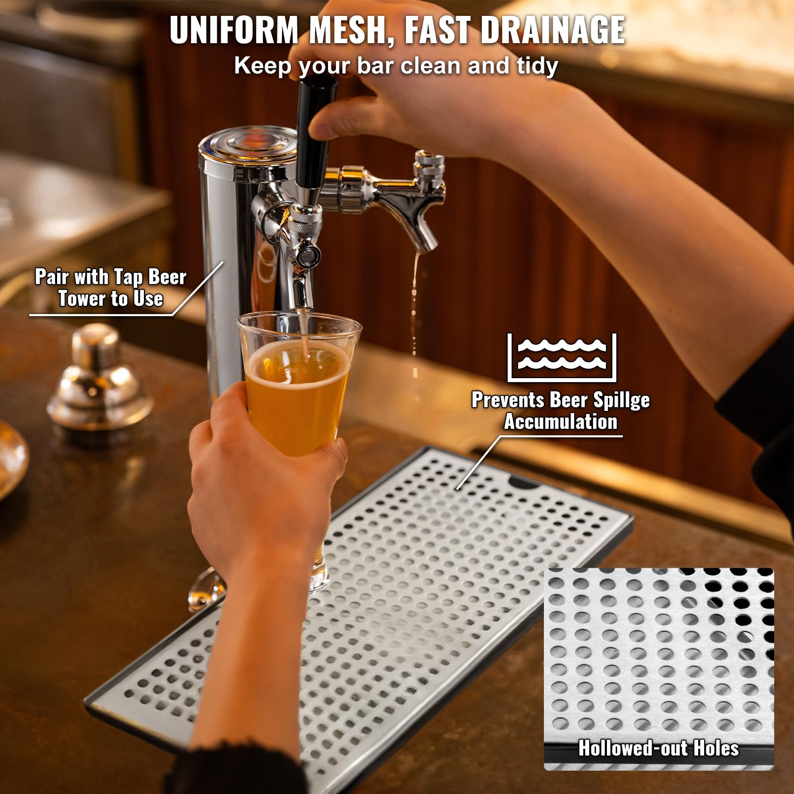 VEVOR Bandeja de Goteo de Cerveza, Bandejas de Goteo de Barril de Acero Inoxidable 304 con 4 Almohadillas de Goma Antideslizantes y Cubierta, Resistente al Calor y al Frío para Bar, Restaurante