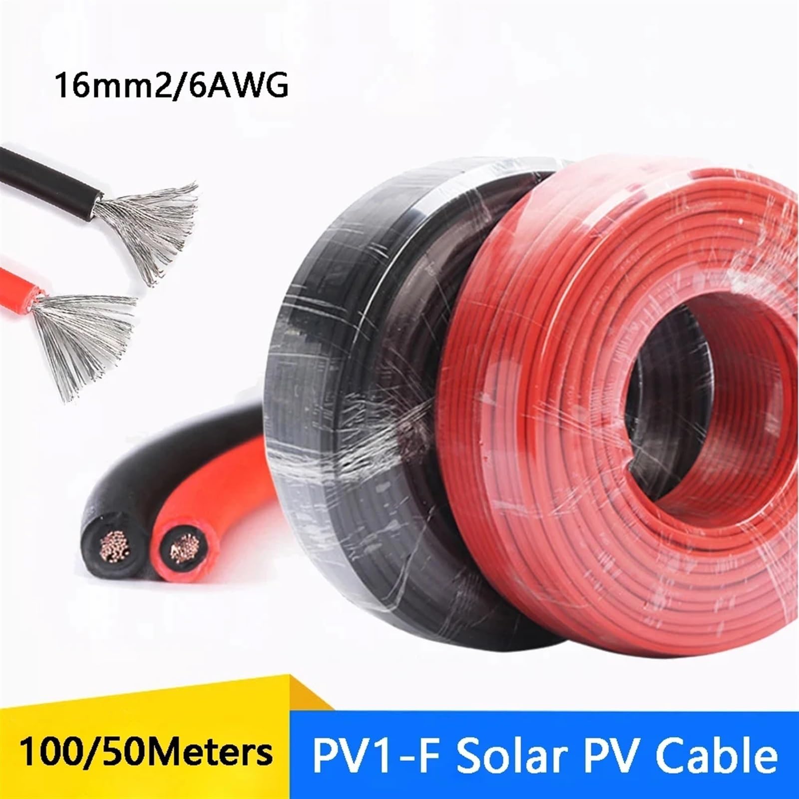 Kabel przedłużający do panelu słonecznego 100/50 metrów 16 mm 2 / 6AWG czarny czerwony ocynowany drut miedziany z podwójną osłoną do fotowoltaicznych instalacji solarnych (50 m czerwony i