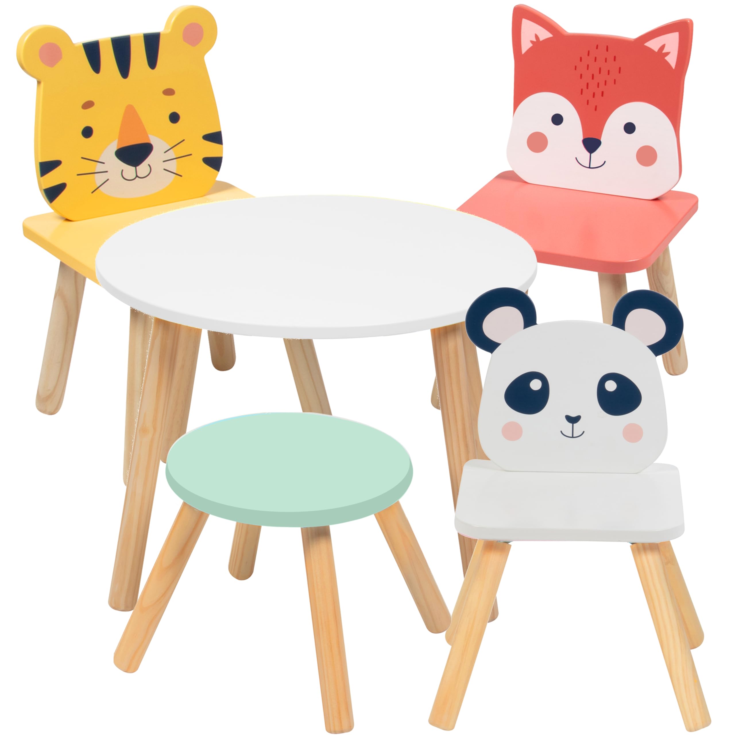 Kids Wooden Animal Table & Chair Set w 4 Seats- Tiger Panda Fox & Adult Stool for Xmas Arts Crafts, Dining, Pretend Play- Durable Playroom Furniture for Home Daycare Classroom- Toddler Activity Center