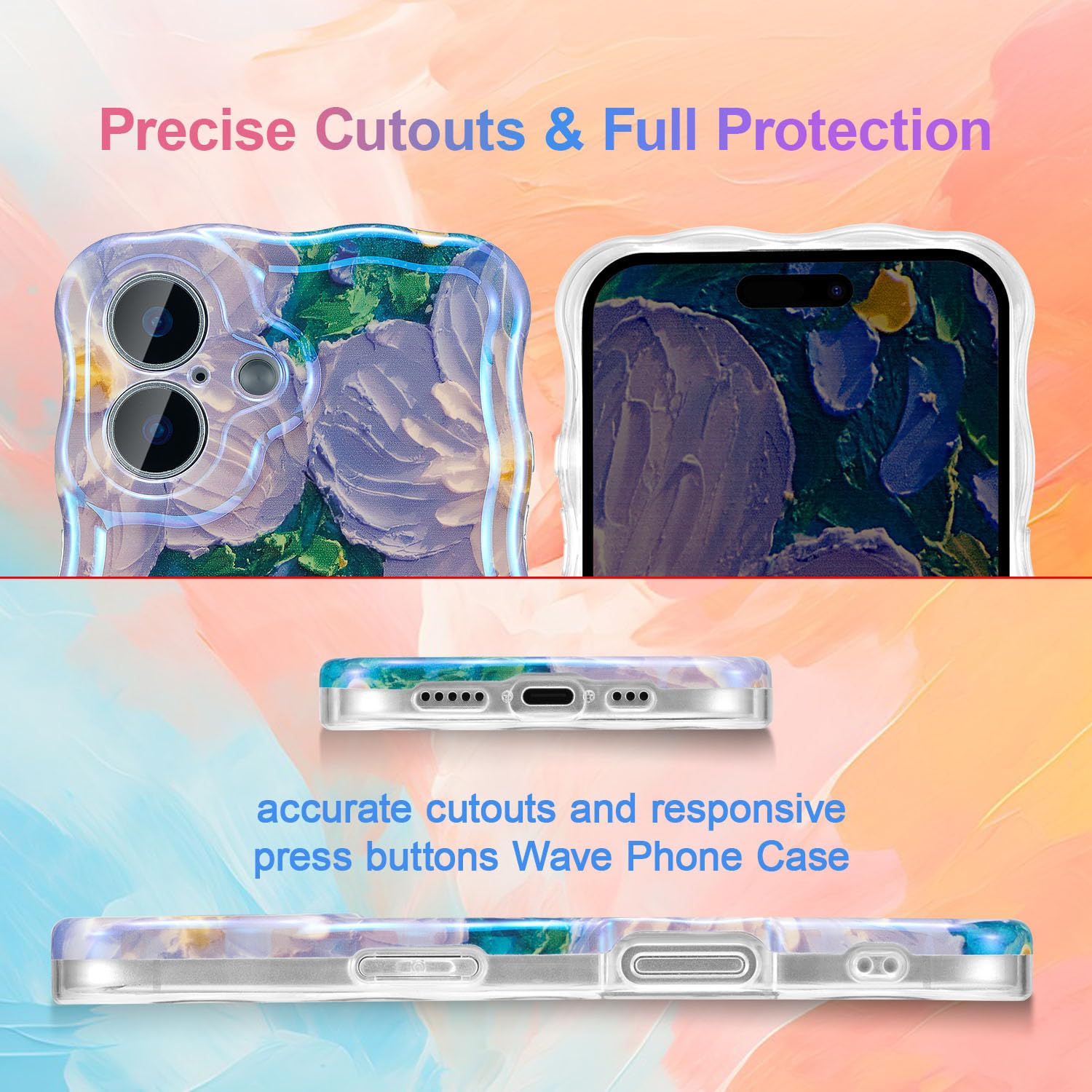 UEEBAI Case for iPhone 16 6.1", Glossy Oil Painting Flower Pattern Case, Curly Wave Frame, Cute Pretty Aesthetic - Image 4