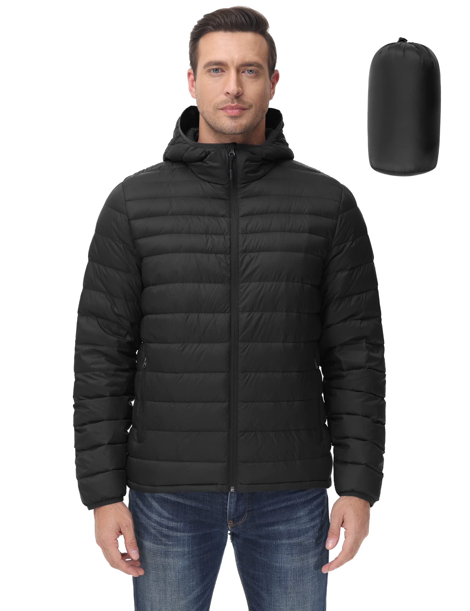 ROYAL MATRIXMen's Lightweight Down Puffer Jacket Packable Winter Hooded Puffer Jacket Warm Windproof Down Outerwear Coat