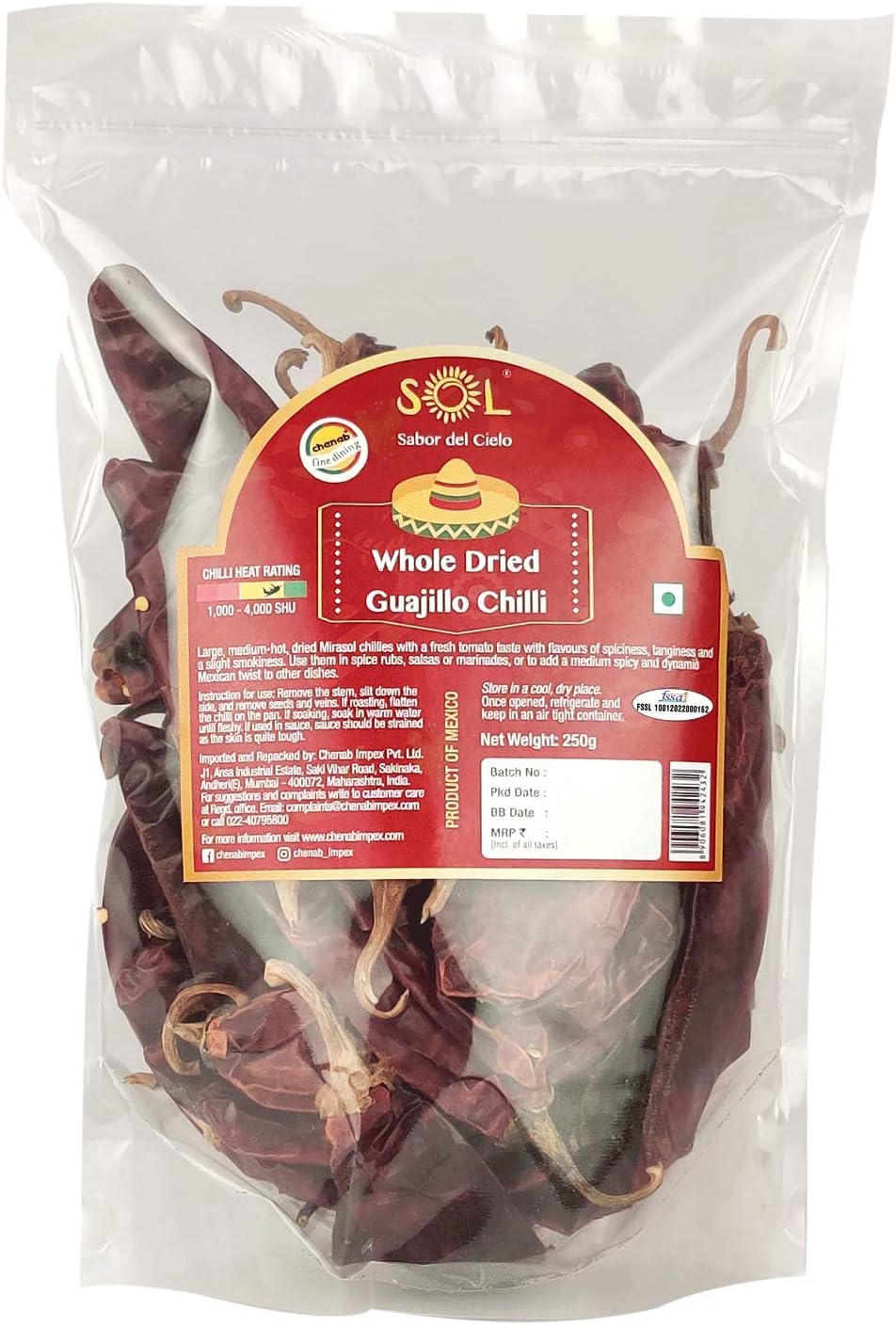 Whole Dried Guajillo Chillies with stem, 250g