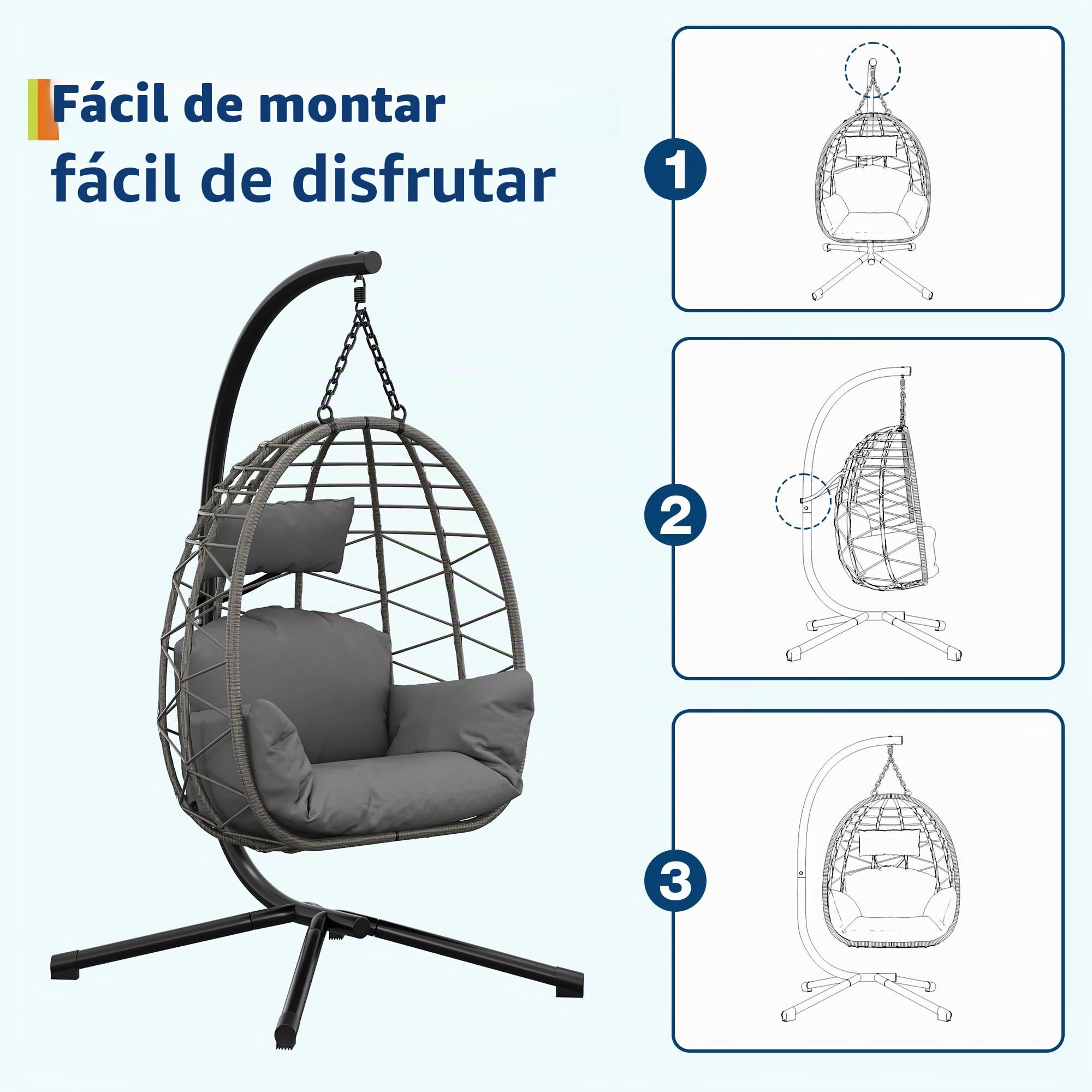 Silla Colgante con Marco para Exteriores, soporta hasta 150 kg, Silla Colgante de ratán con Estructura de Metal, Ideal como Silla Colgante de Interior, con Marco para jardín, terraza y balcón, Gris