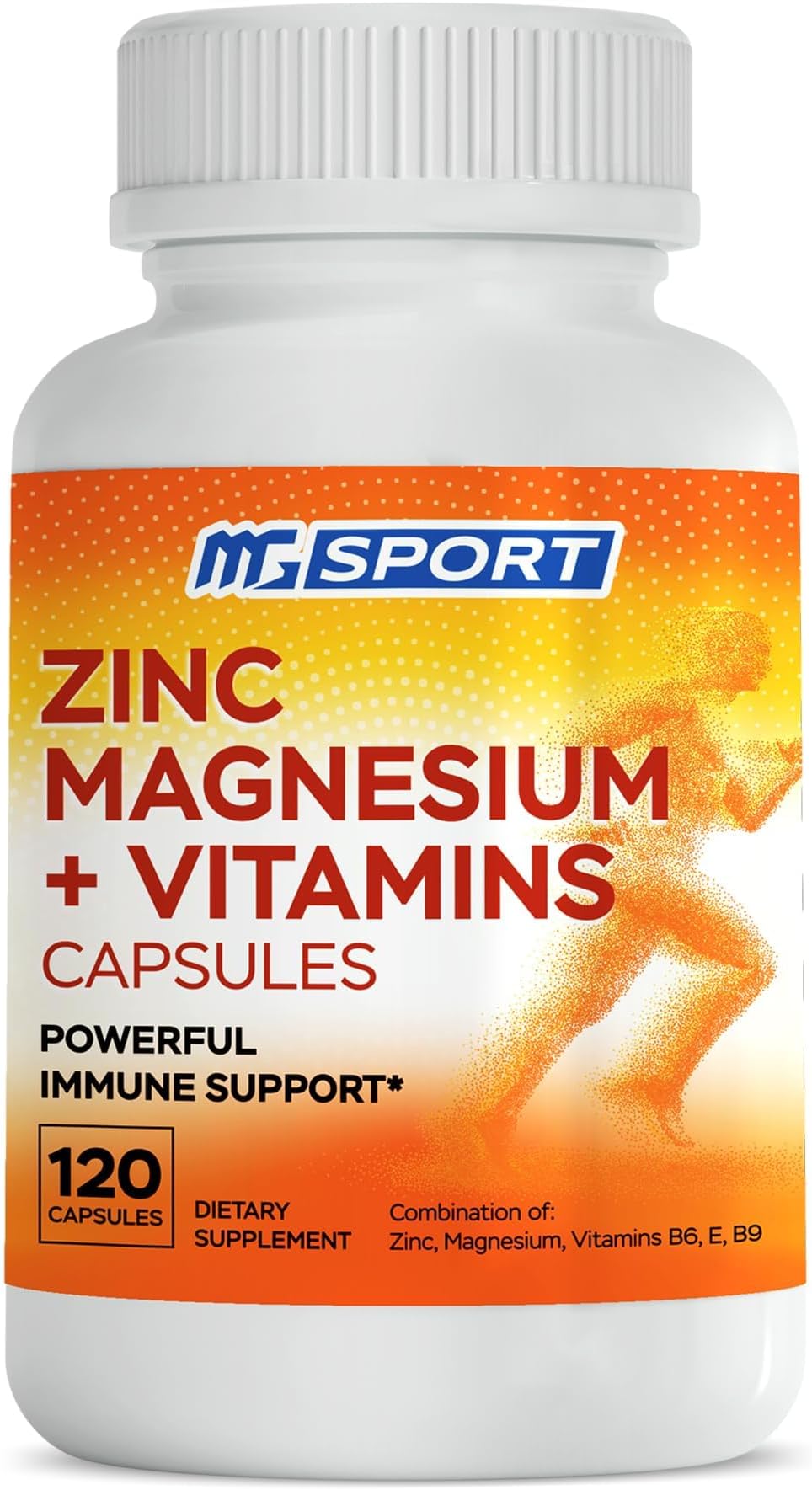 MgSport ZMA Supplement with Clinically Tested Zinc Magnesium for High Absorption - Enhanced with Vitamins B6 B9 for Muscle Recovery - Gentle on Stomach Formula, 120 Capsules