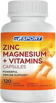 MgSport ZMA Supplement with Clinically Tested Zinc Magnesium for High Absorption - Enhanced with Vitamins B6 B9 for Muscle Recovery - Gentle on Stomach Formula, 120 Capsules