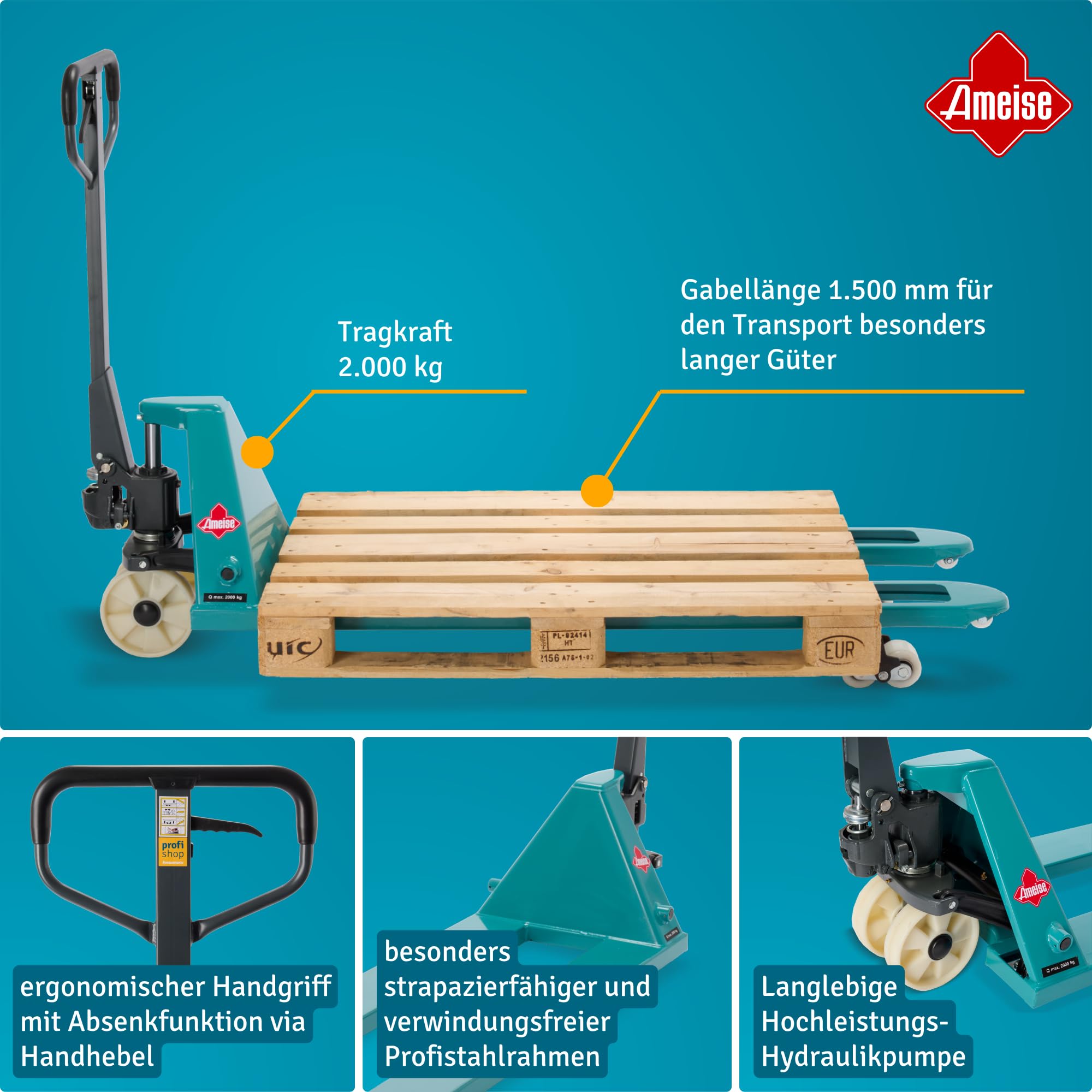 Ameise Hubwagen PTM lang | 2.000 kg Tragkraft | 1.500 mm Gabellänge | Lenkrad/Gabelrolle aus verschleißarmen Nylon | Einfach-Gabelrollen | Palettenhubwagen