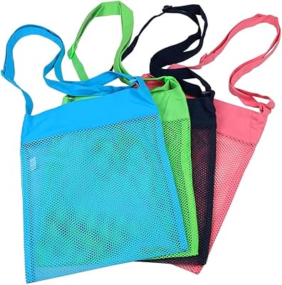 Colorful Mesh Beach Bags 11.4 x 13.7inch Breathable Sea Shell Bags with Adjustable Carrying Straps (4 PC Set) [Blue, Pink, Green, and Black]